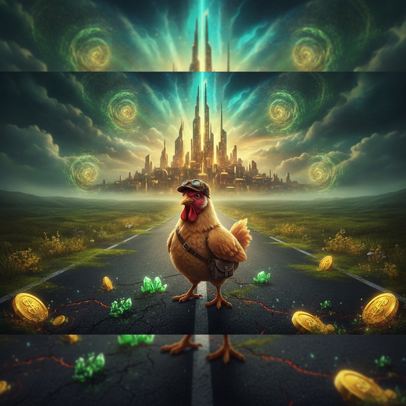 Chicken Road 2 di InOut: una gallina con cuffia da aviatore e borsa a tracolla in piedi al centro di una strada asfaltata e crepata, monete d'oro e cristalli verdi intorno, città dorata all'orizzonte sotto un cielo nuvoloso